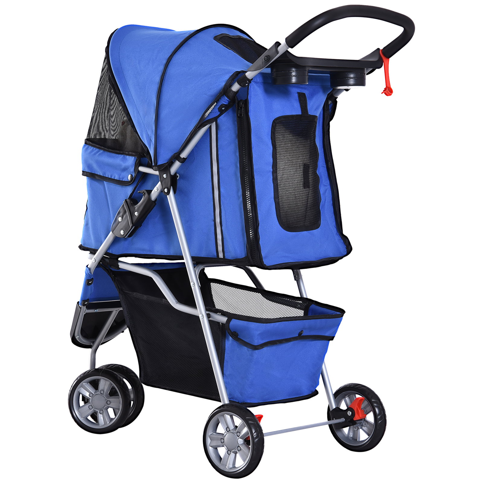 Carrinho para animais de estimação dobrável carrinho para cães e gatos com rodas giratórias cesto e suporte para copos 75x45x97cm azul