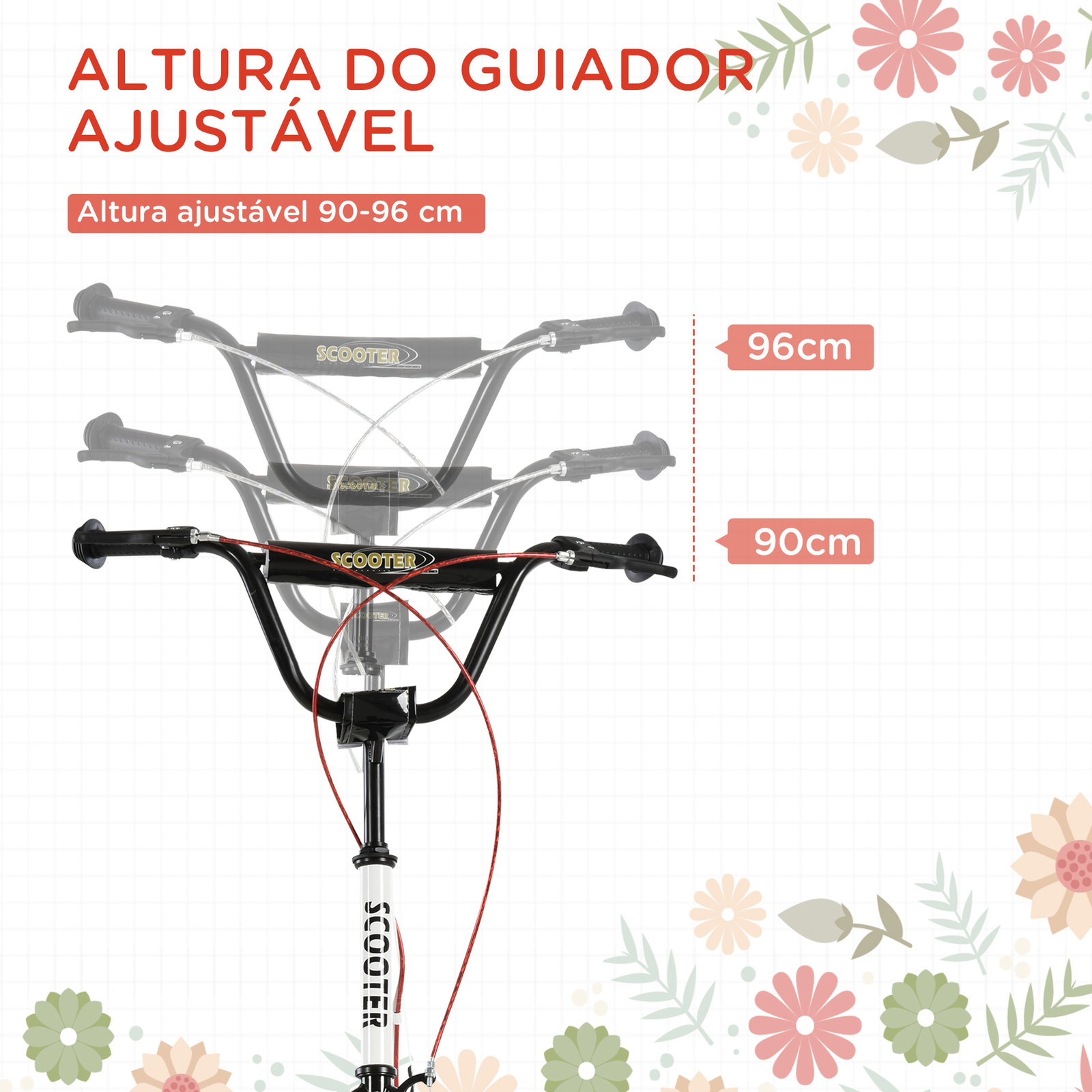 Trotinete com guiador ajustável 2 pneus de borracha insufláveis com travagem dupla e rodas 16" 139x58x90-96 cm branco