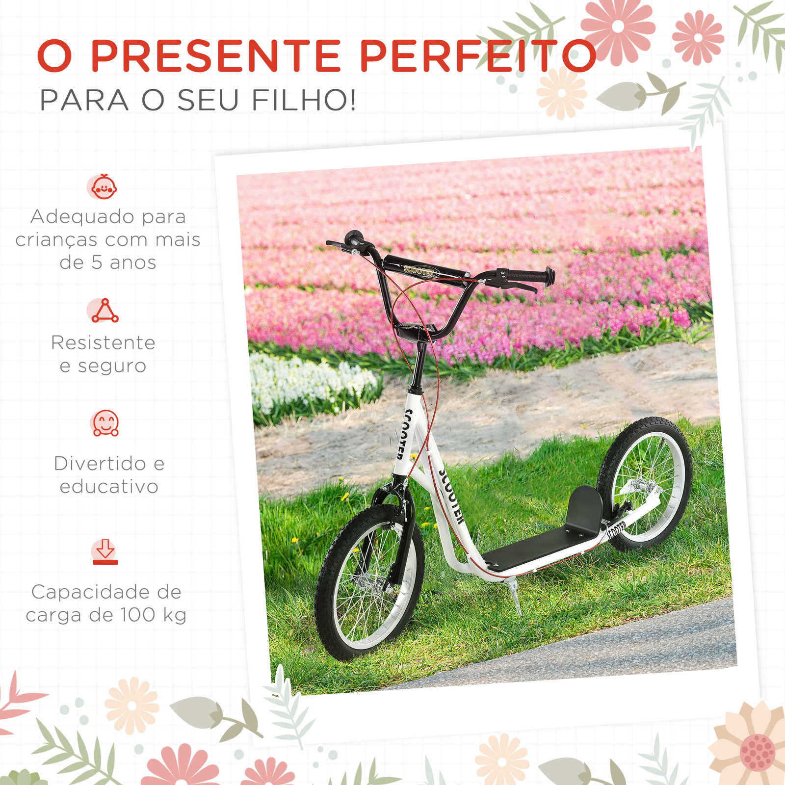 Trotinete com guiador ajustável 2 pneus de borracha insufláveis com travagem dupla e rodas 16" 139x58x90-96 cm branco