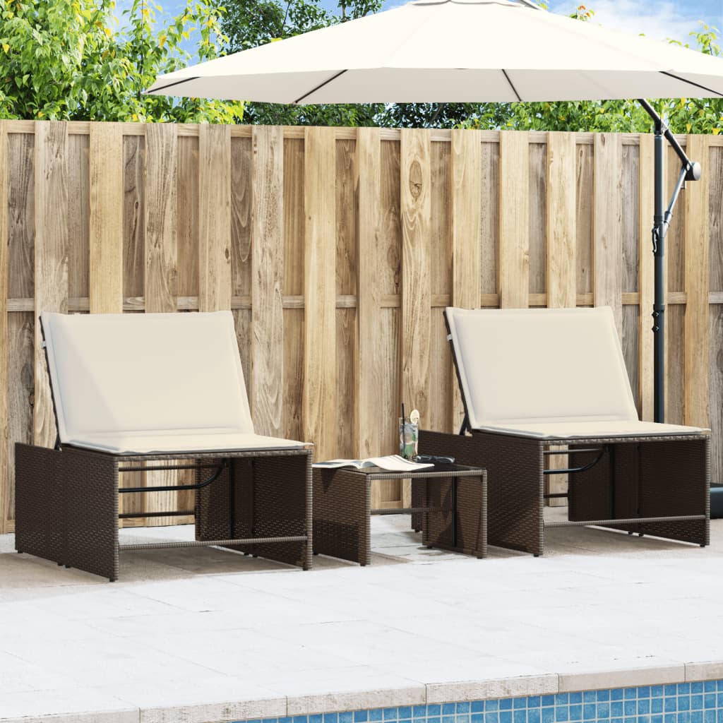 Espreguiçadeiras modulares com mesa 2 pcs vime PE castanho