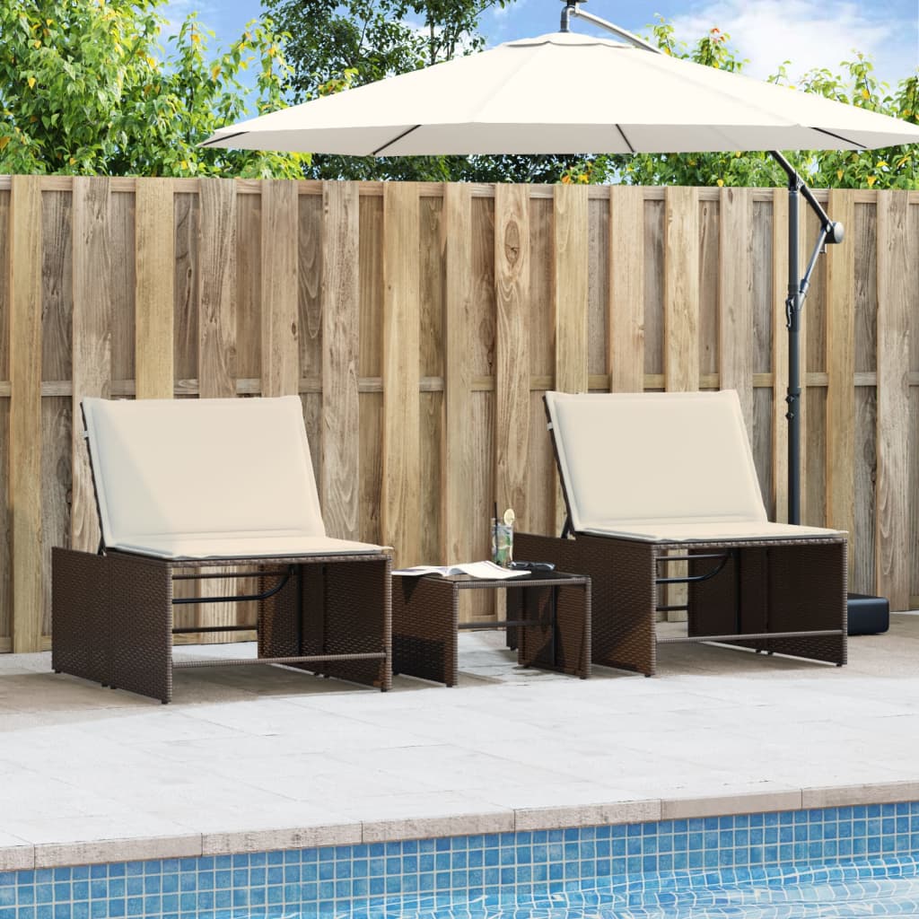 Espreguiçadeiras modulares com mesa 2 pcs vime PE castanho