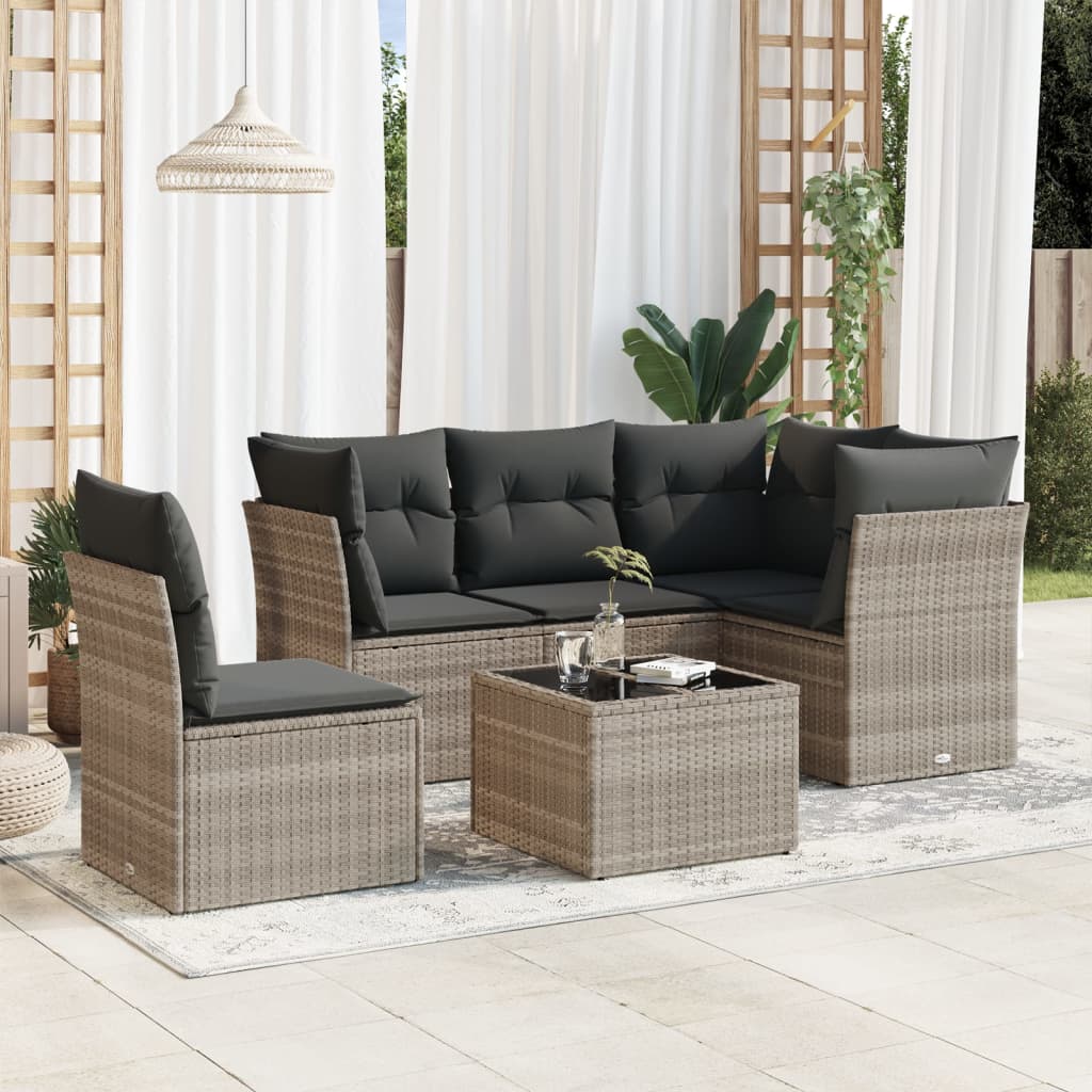 6 Pcs conj. sofás jardim com almofadões vime PE cinzento-claro