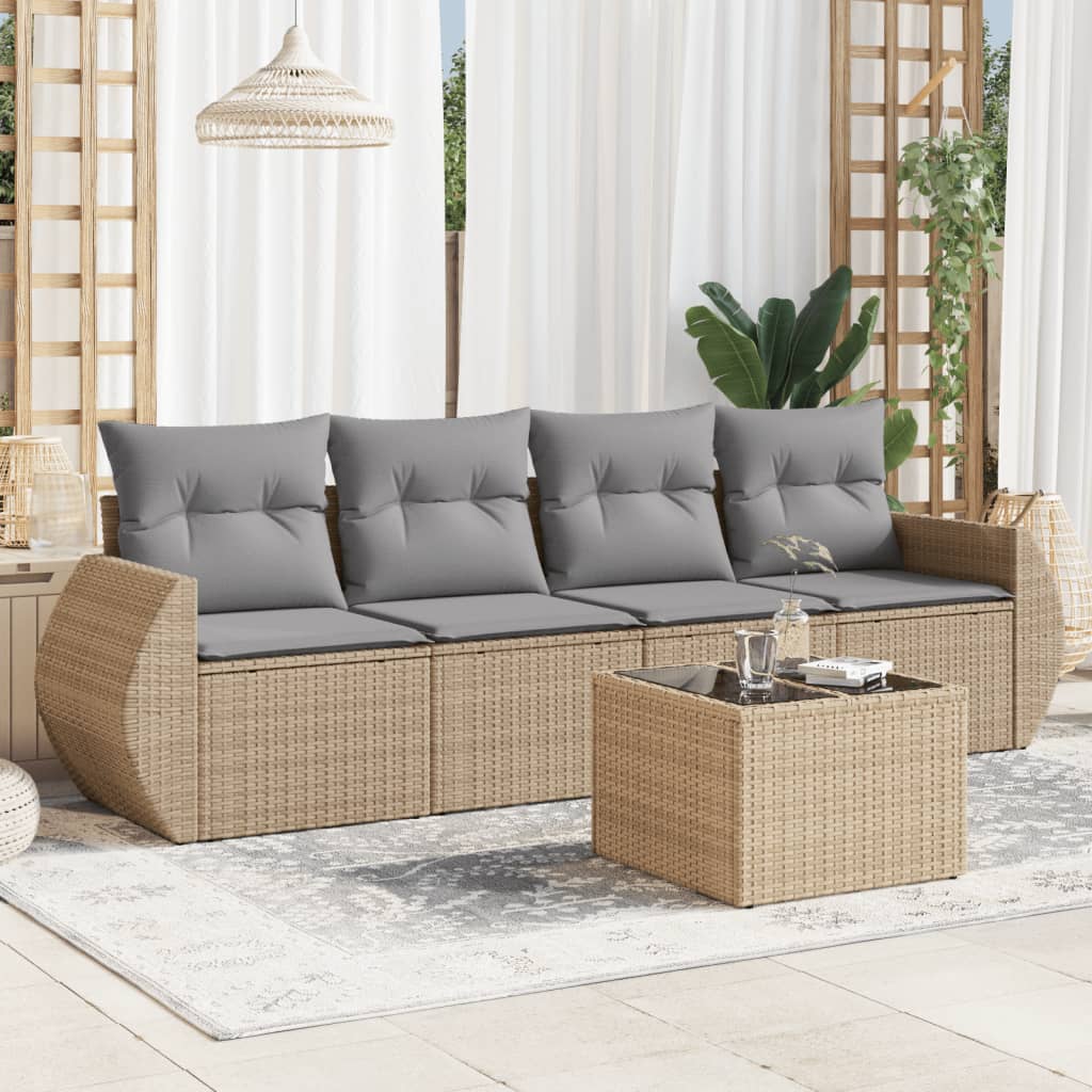 5 Pcs conjunto de sofás p/ jardim com almofadões vime PE bege