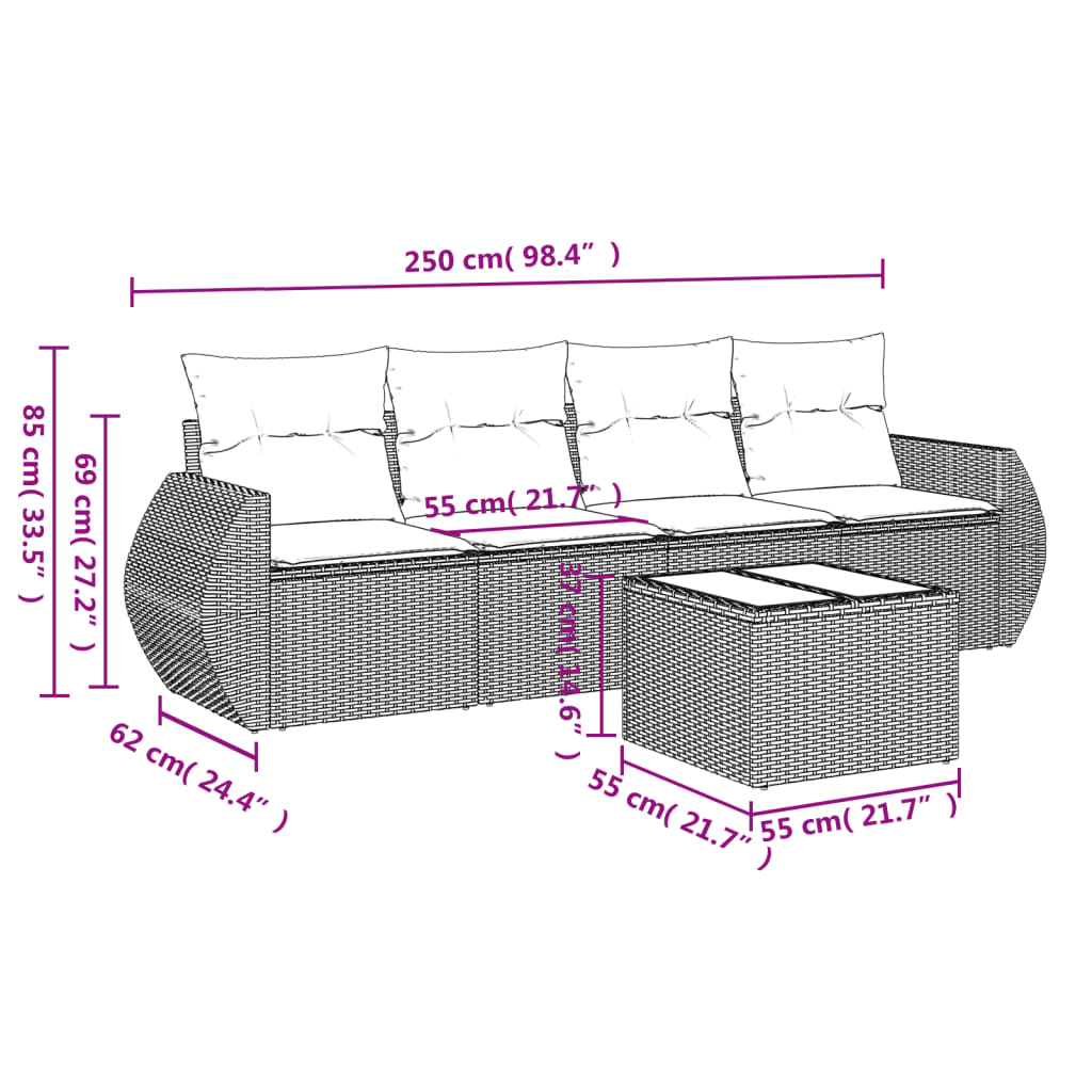 5 Pcs conjunto de sofás p/ jardim com almofadões vime PE bege