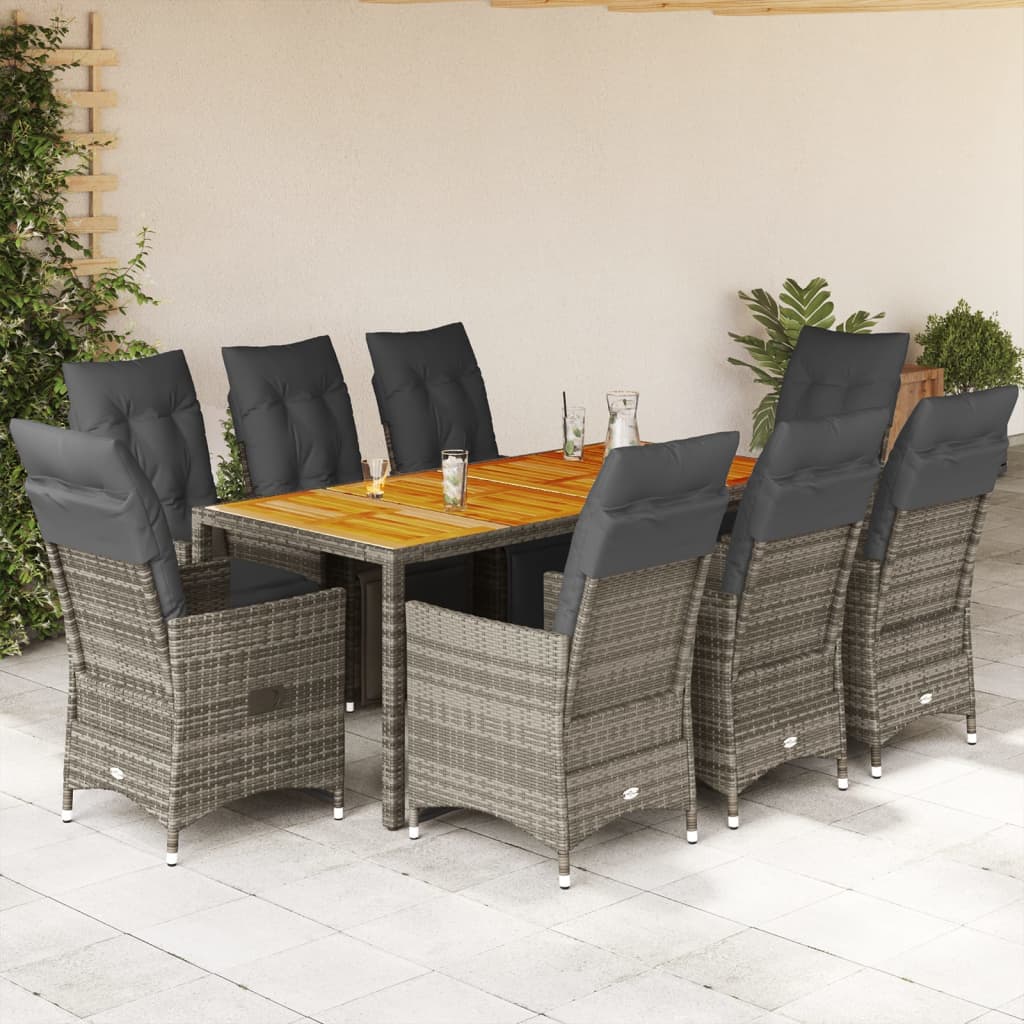 9 Pcs conjunto bistrô de jardim c/ almofadões vime PE cinzento