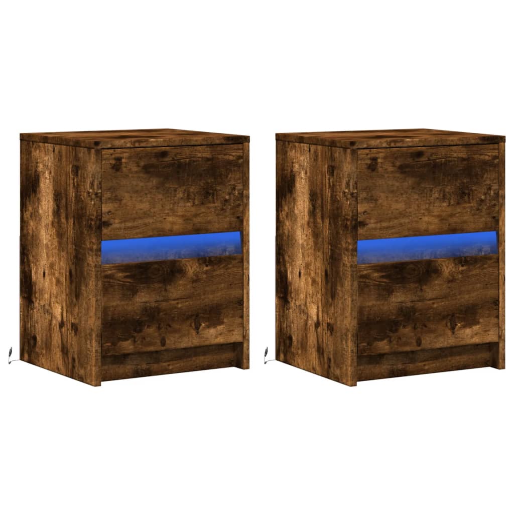 Mesas cabeceira c/ leds 2 pcs derivados madeira carvalho fumado