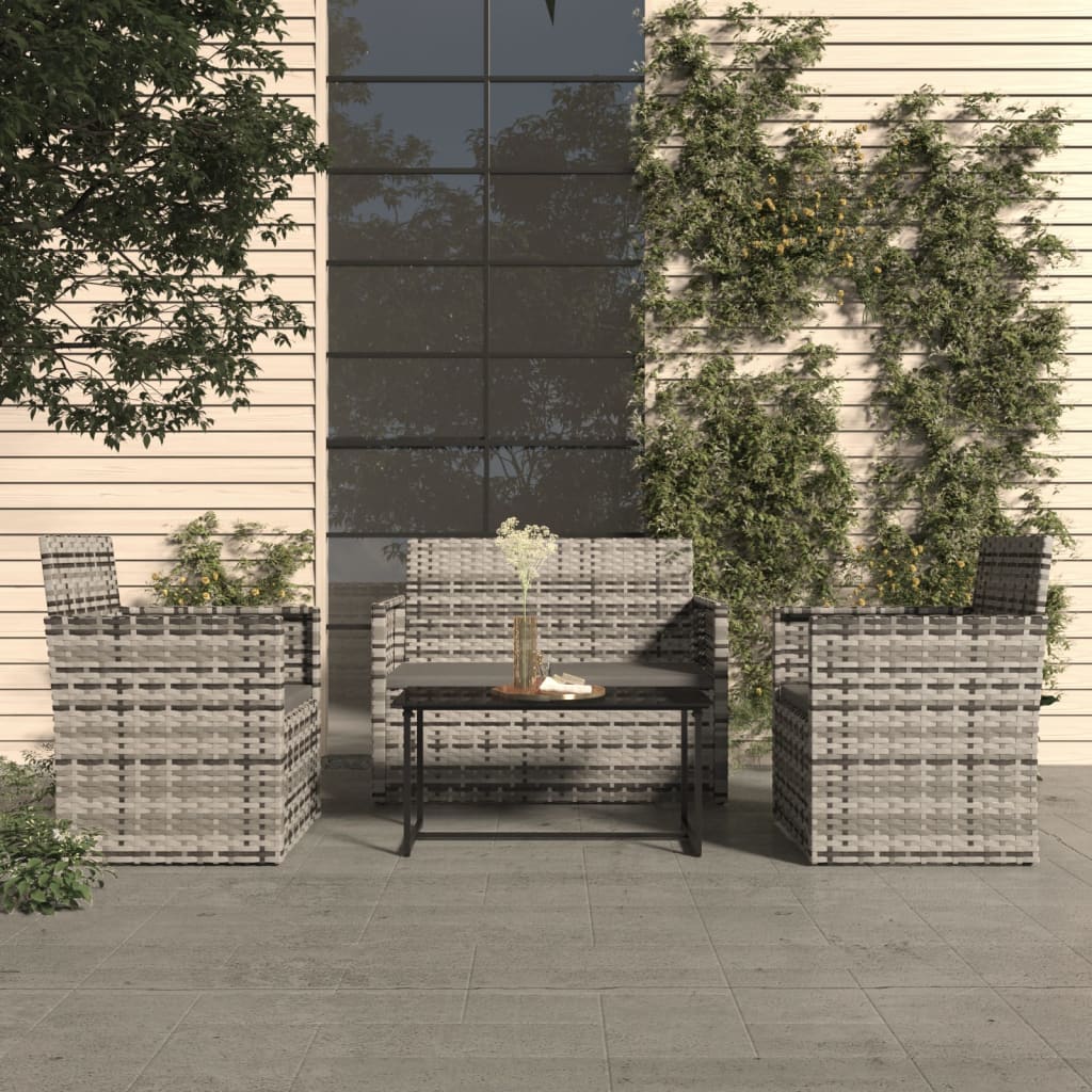 4 Pcs conjunto lounge exterior c/ almofadões vime PE cinzento
