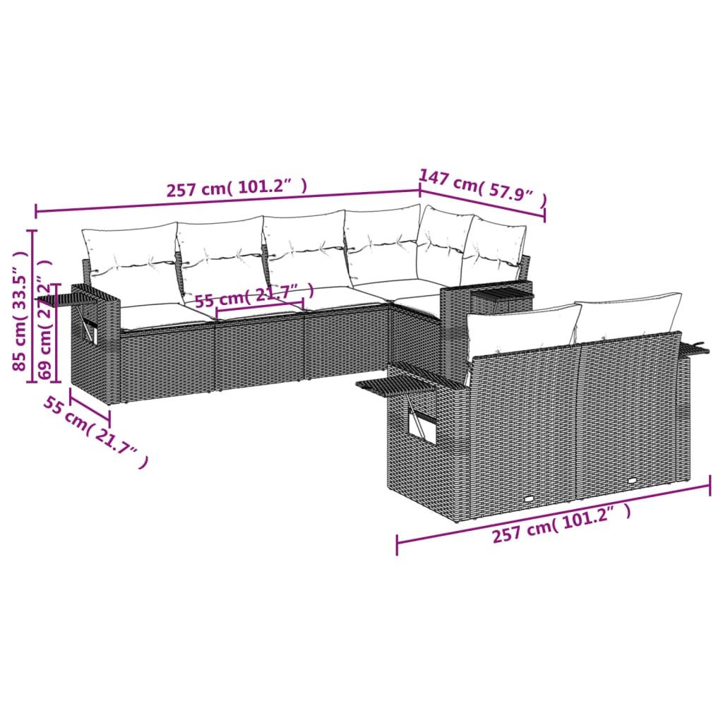 7 Pcs conjunto de sofás p/ jardim com almofadões vime PE bege