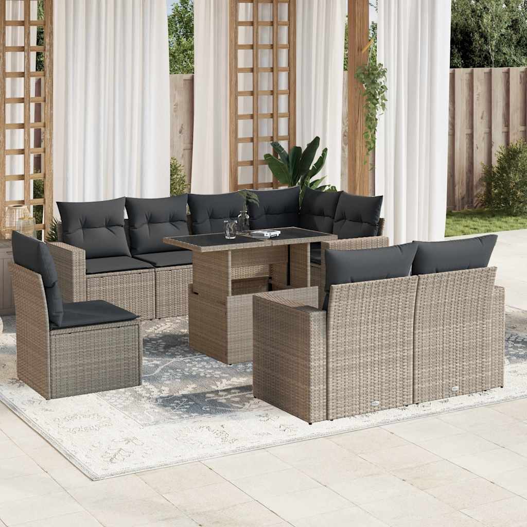 9 Pcs conj. sofás jardim com almofadões vime PE cinzento-claro