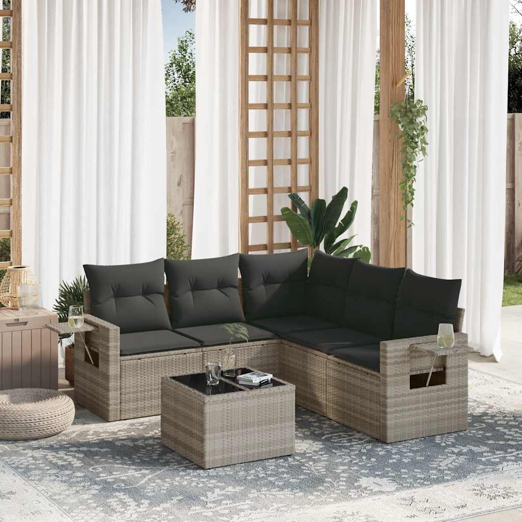 6 Pcs conj. sofás jardim com almofadões vime PE cinzento-claro
