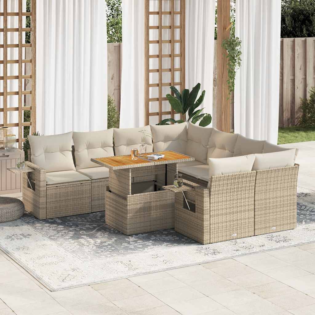 9 Pcs conjunto de sofás p/ jardim com almofadões vime PE bege