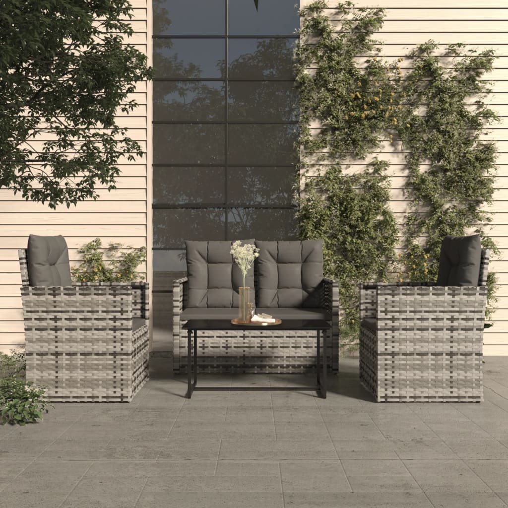 4 Pcs conjunto lounge exterior c/ almofadões vime PE cinzento