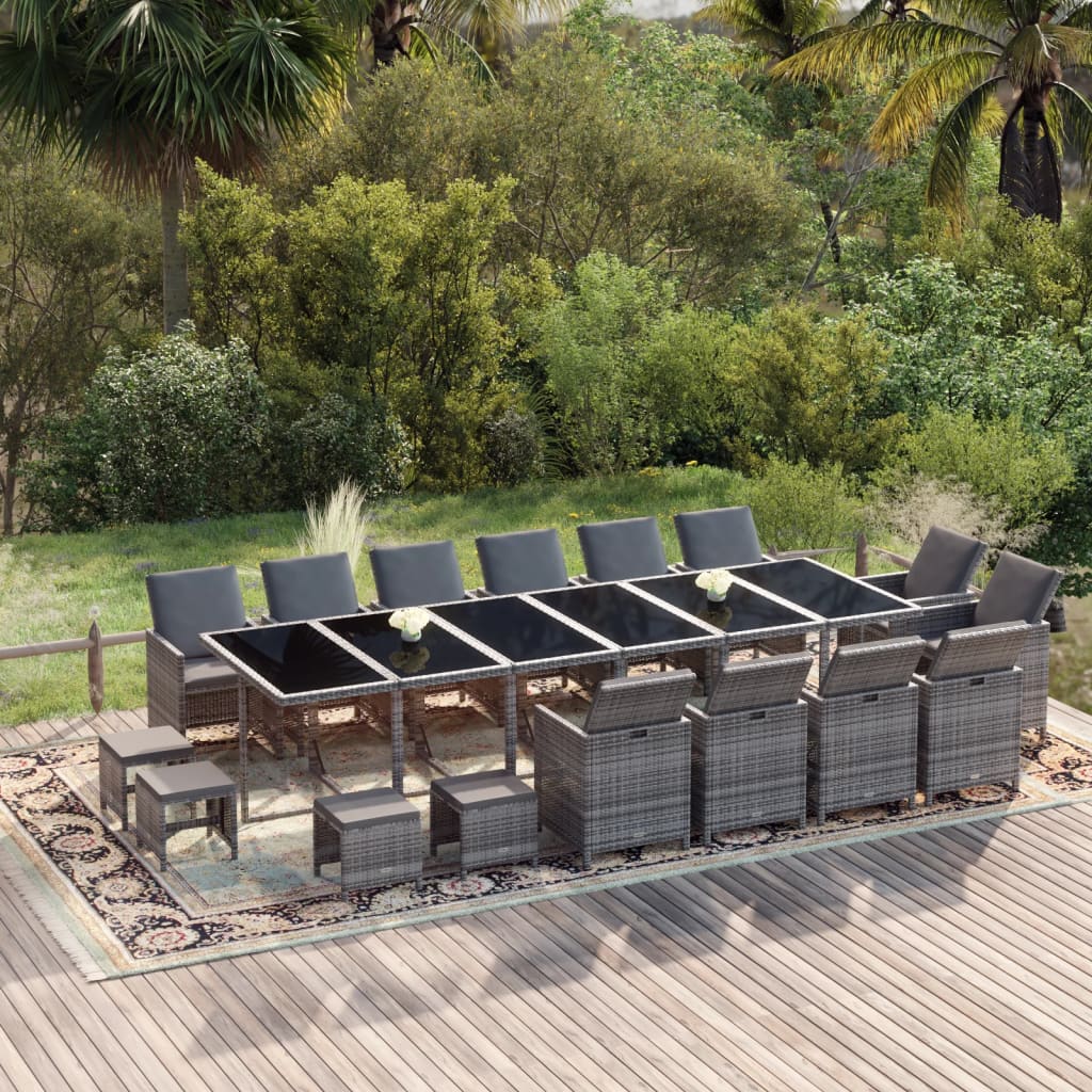 19 Pcs conjunto jantar p/ jardim c/ almofadões vime PE cinzento