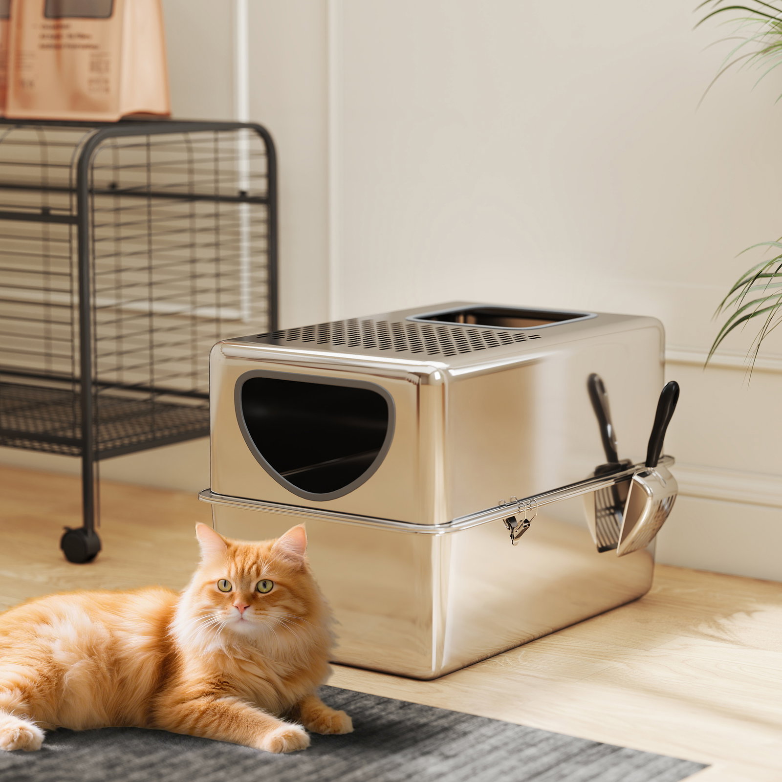 Caixa de areia para gatos em aço inoxidável xl com pá aberturas duplas fácil de limpar 60x39,6x40,1 cm prateado