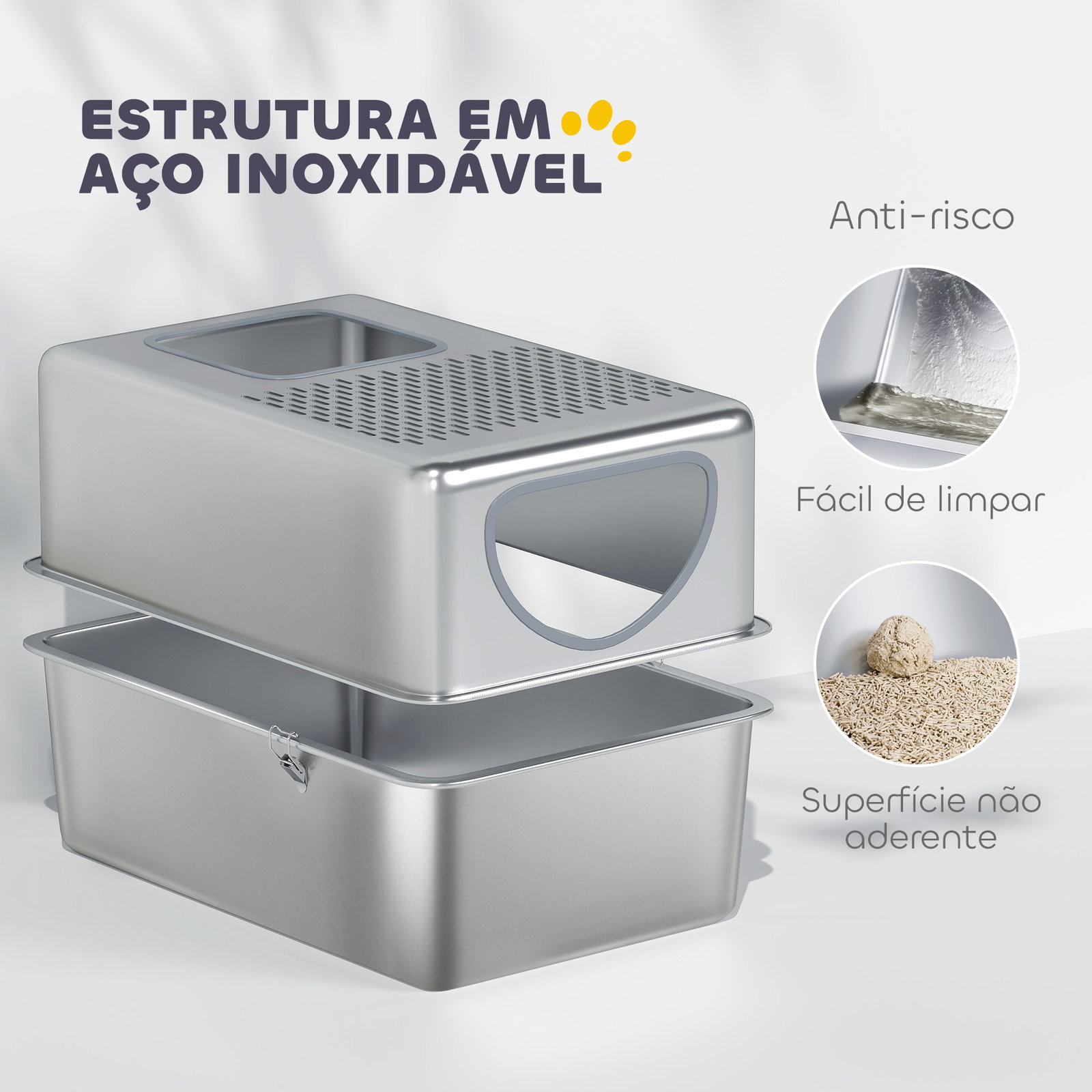 Caixa de areia para gatos em aço inoxidável xl com pá aberturas duplas fácil de limpar 60x39,6x40,1 cm prateado