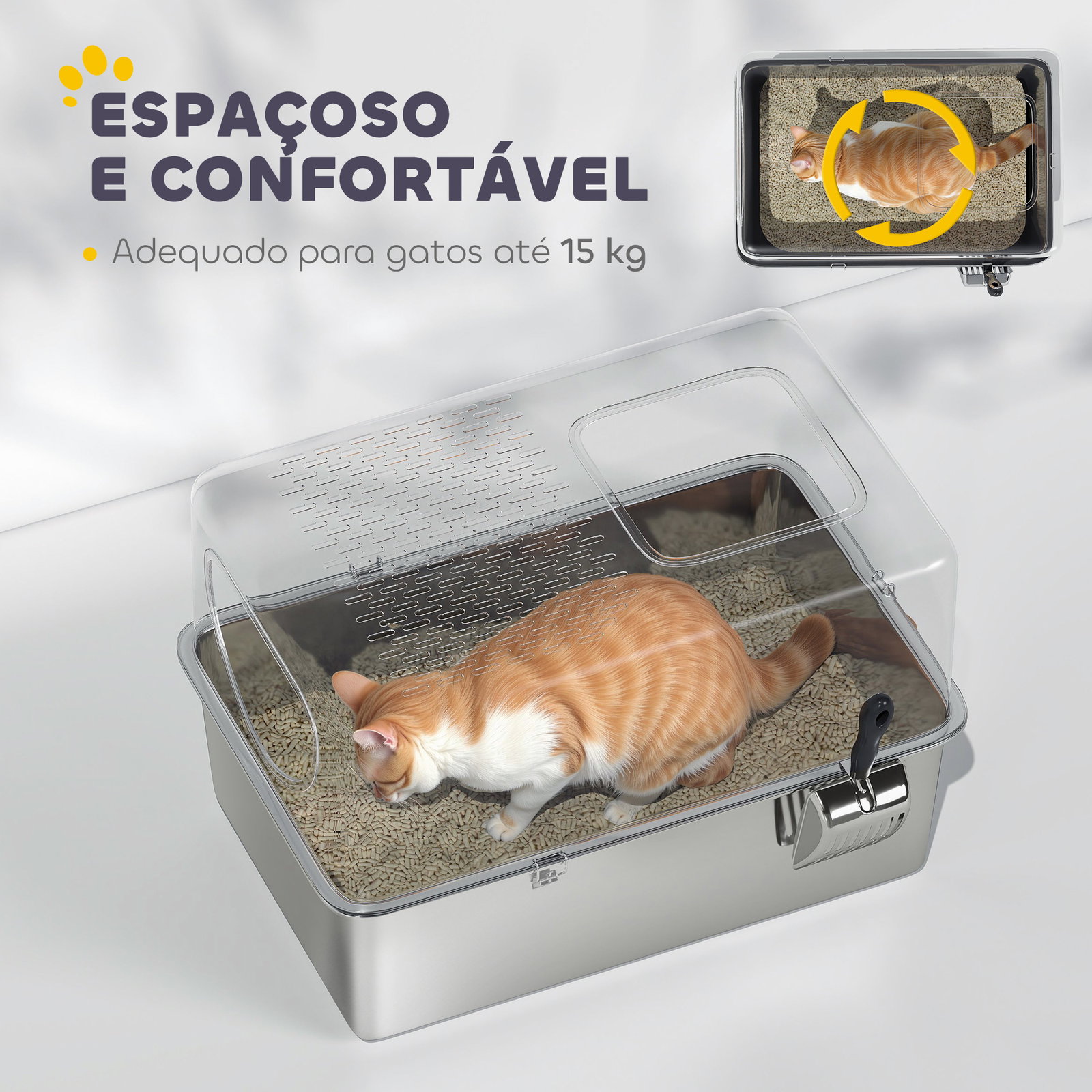 Caixa de areia para gatos em aço inoxidável xl com pá aberturas duplas fácil de limpar 60x39,6x40,1 cm prateado