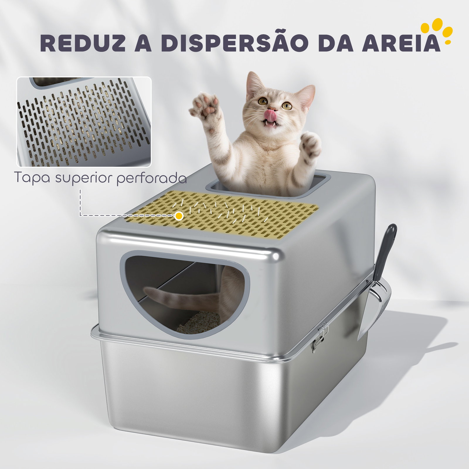 Caixa de areia para gatos em aço inoxidável xl com pá aberturas duplas fácil de limpar 60x39,6x40,1 cm prateado