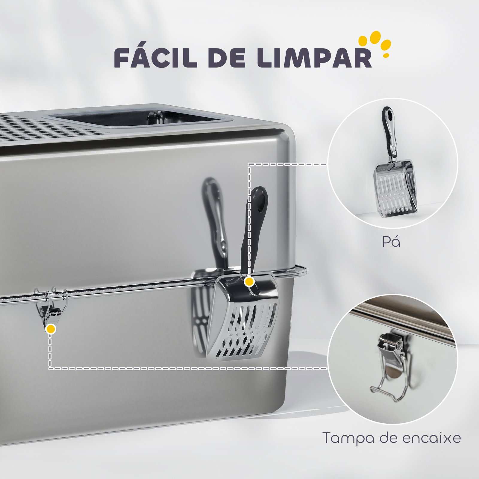 Caixa de areia para gatos em aço inoxidável xl com pá aberturas duplas fácil de limpar 60x39,6x40,1 cm prateado