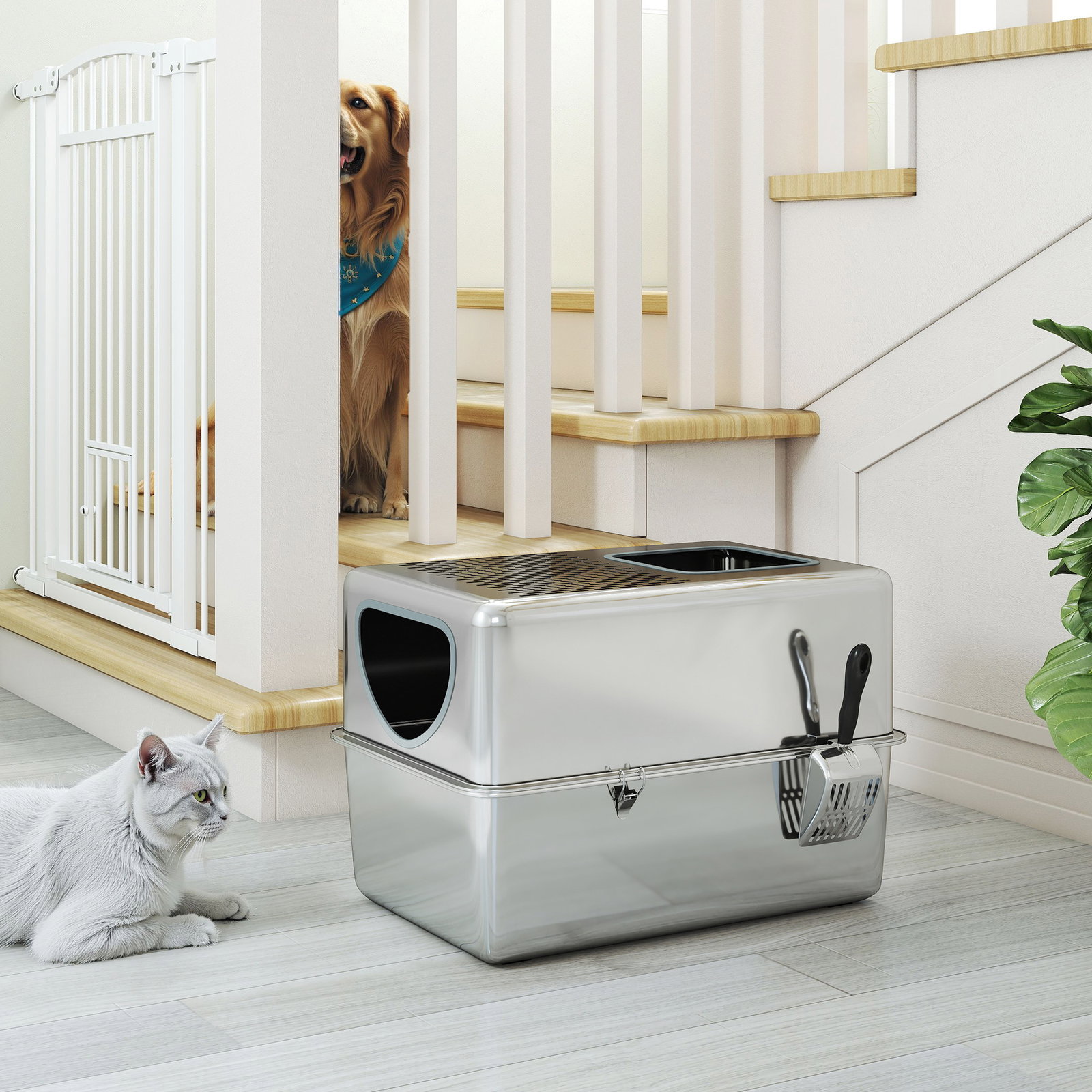 Caixa de areia para gatos em aço inoxidável xl com pá aberturas duplas fácil de limpar 60x39,6x40,1 cm prateado