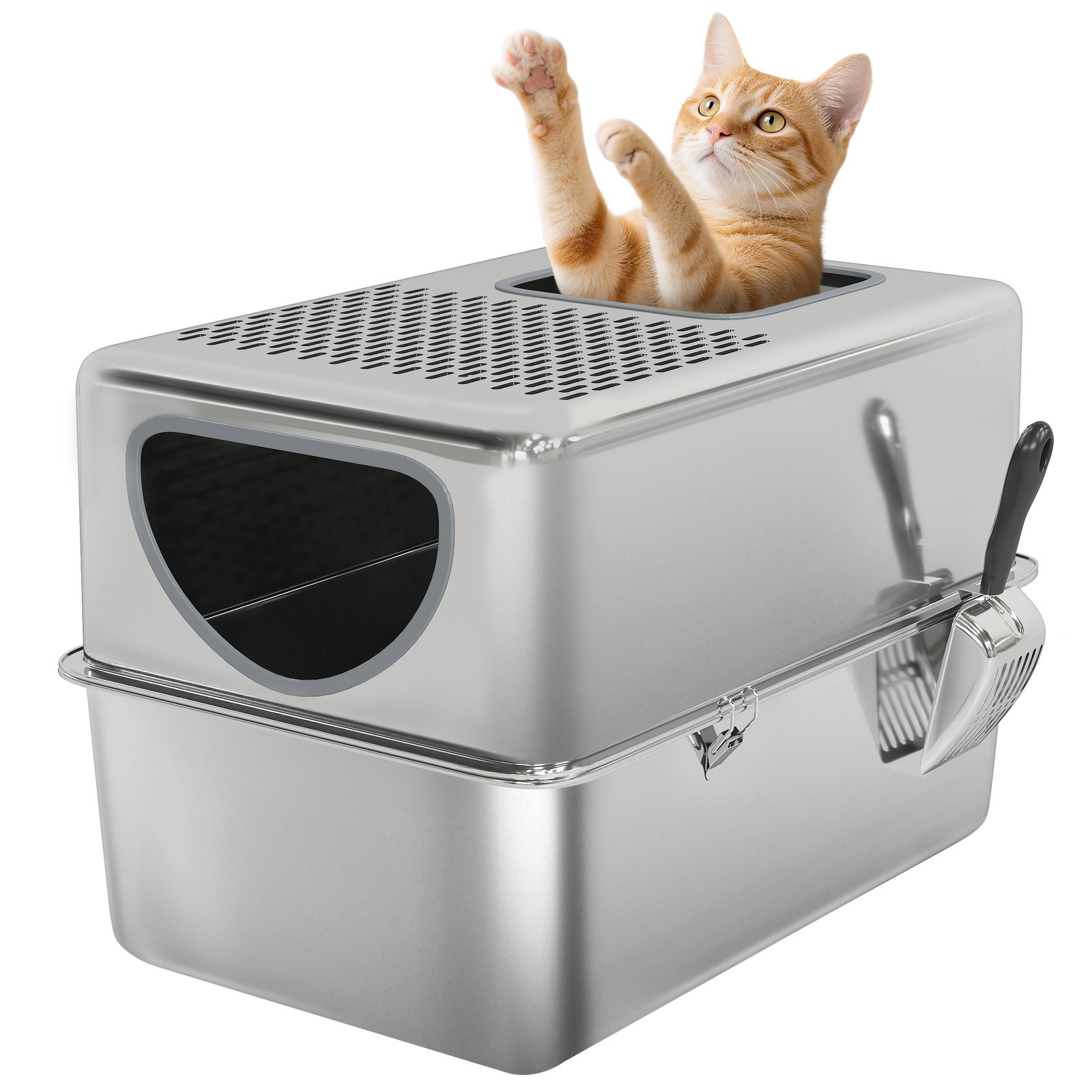 Caixa de areia para gatos em aço inoxidável xl com pá aberturas duplas fácil de limpar 60x39,6x40,1 cm prateado