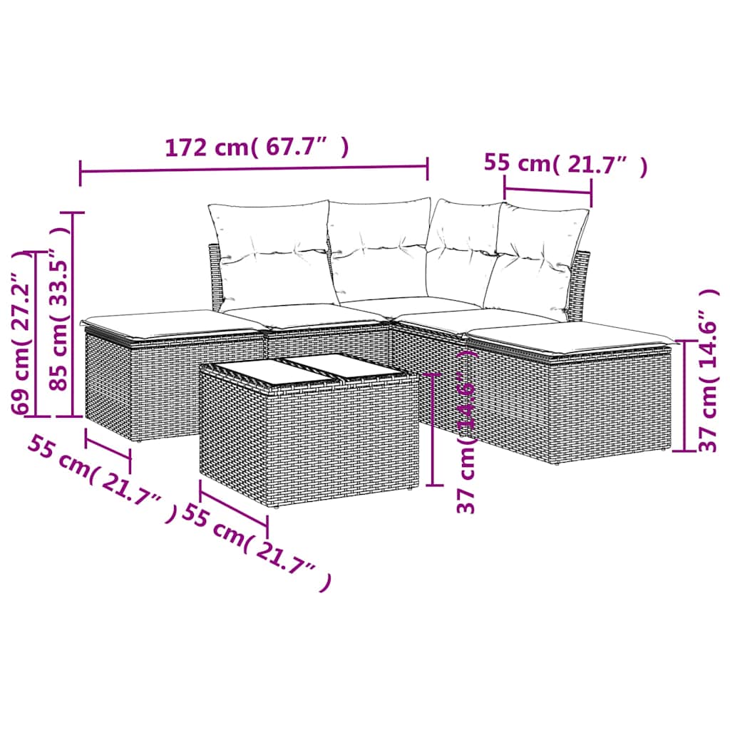 6 Pcs conjunto de sofás jardim c/ almofadões vime PE castanho