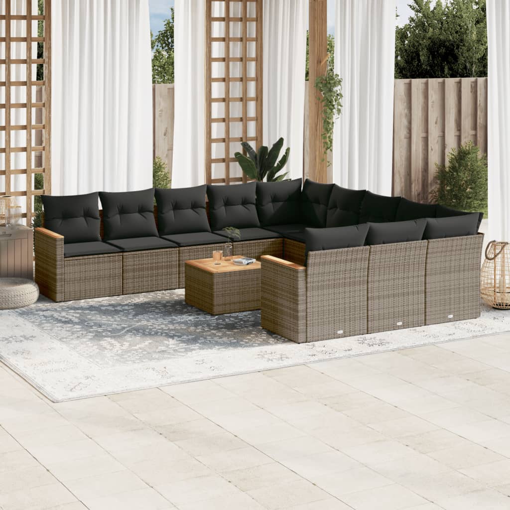 12 Pcs conjunto de sofás jardim c/ almofadões vime PE cinzento