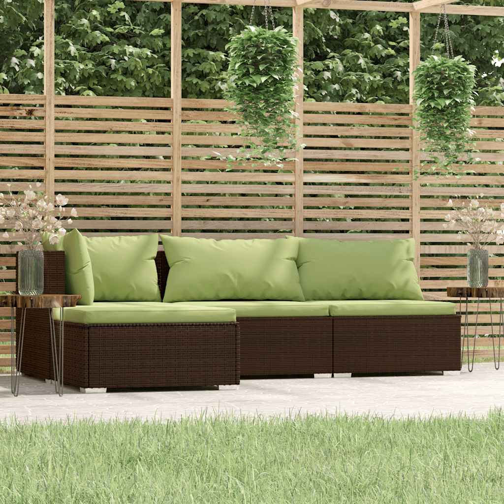 4 Pcs conjunto lounge jardim c/ almofadões vime PE castanho
