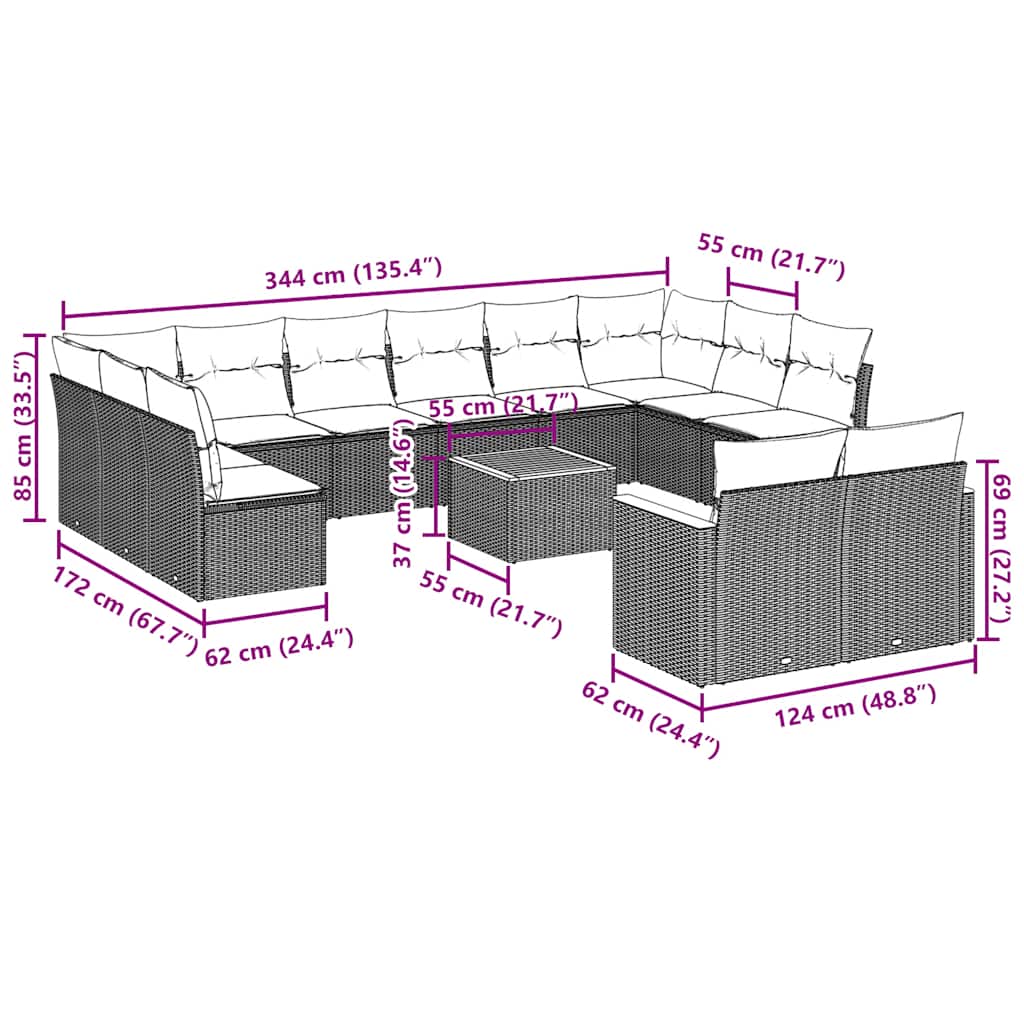 13 Pcs conjunto de sofás de jardim com almofadões vime PE preto