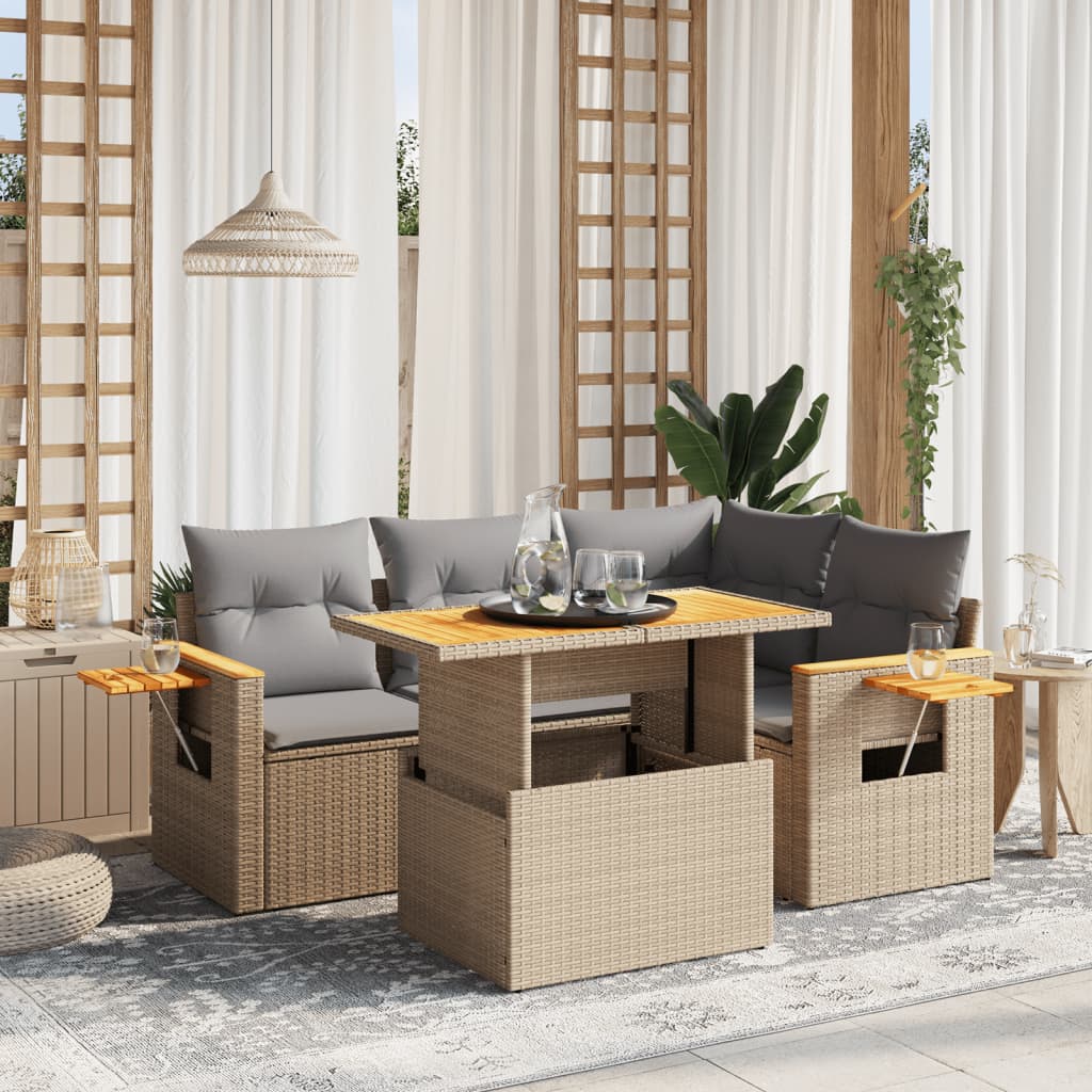 5 Pcs conjunto de sofás p/ jardim com almofadões vime PE bege