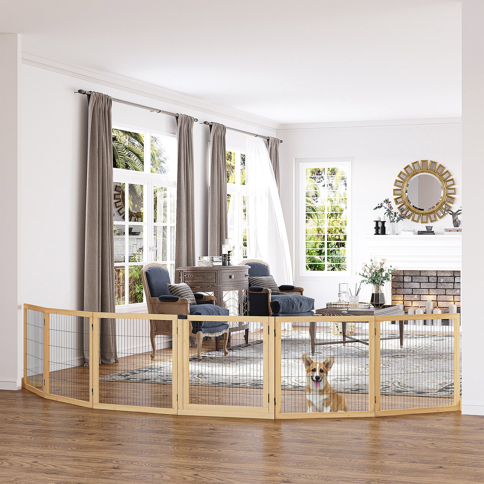 Barreira de segurança para cães de madeira dobrável para cães pequenos e médios com 6 painéis 432x36x70 cm madeira