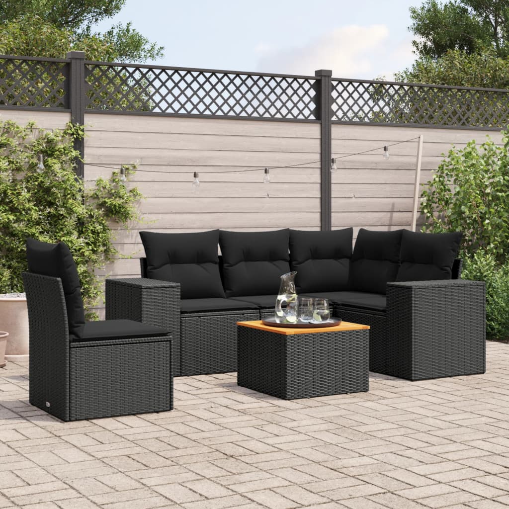 6 Pcs conjunto sofás de jardim c/ almofadões vime PE preto