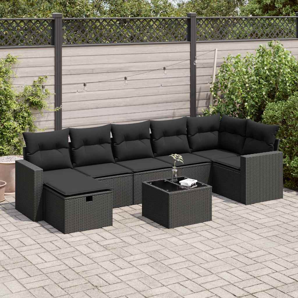 8 Pcs conjunto sofás de jardim com almofadões vime PE preto