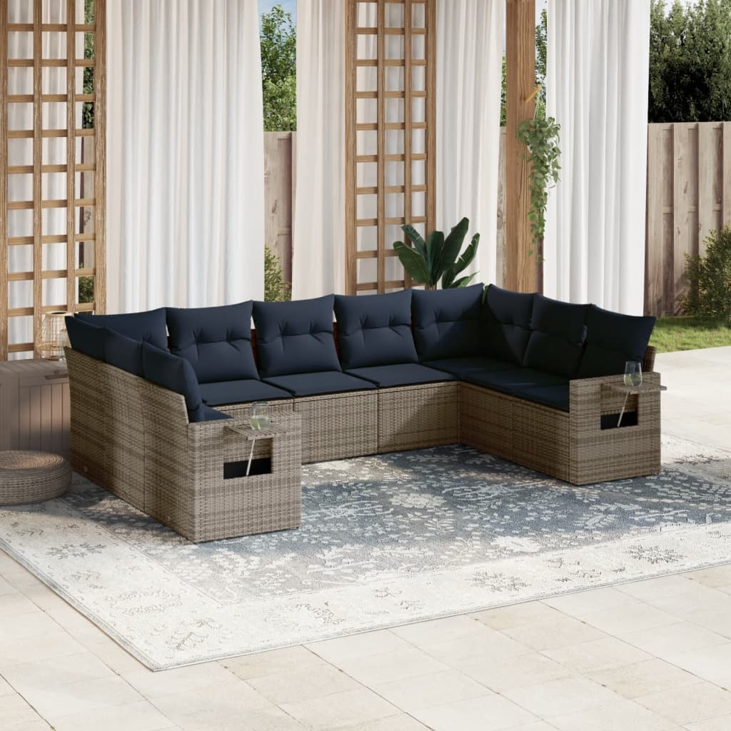 Conjunto de sofá de jardim de 9 peças com almofadas em rattan sintético cinza