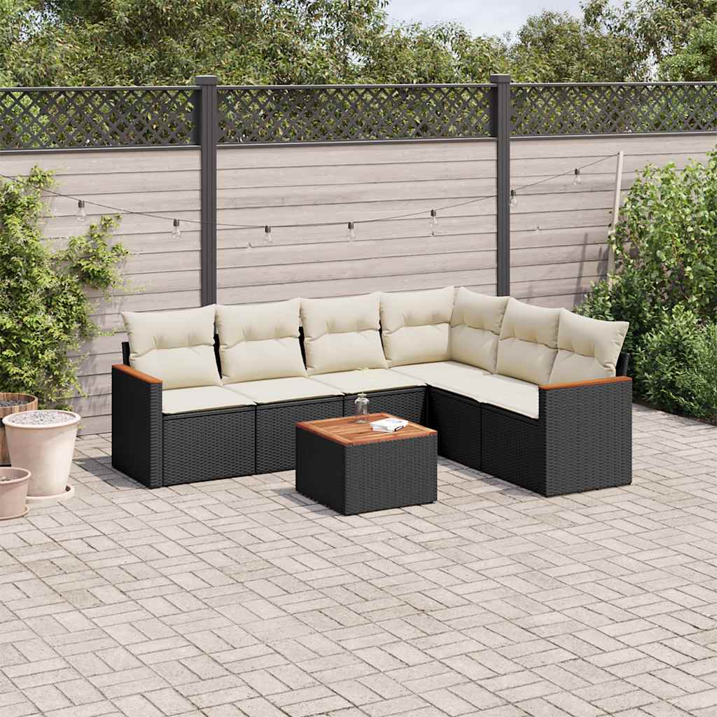 7 Pcs conjunto de sofás p/ jardim c/ almofadões vime PE preto