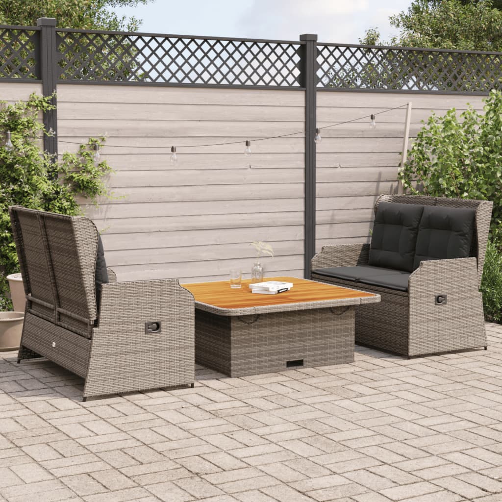 3 Pcs conjunto lounge de jardim c/ almofadões vime PE cinzento