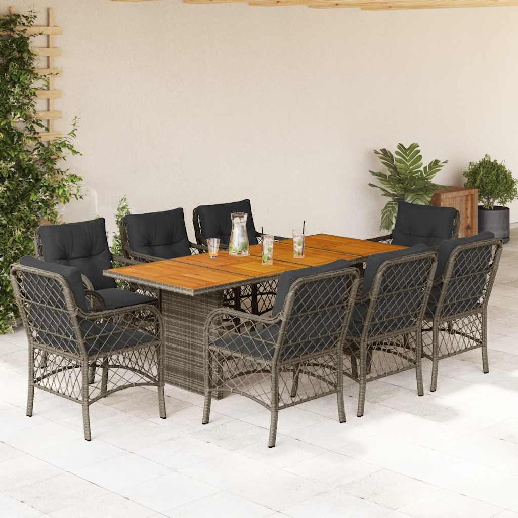 9 Pcs conjunto de jantar p/ jardim c/ almofadões vime PE cinza