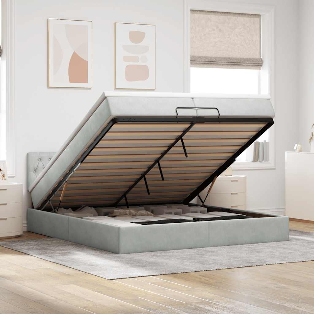 Estrutura cama otomana colchões 200x200cm veludo cinzento claro