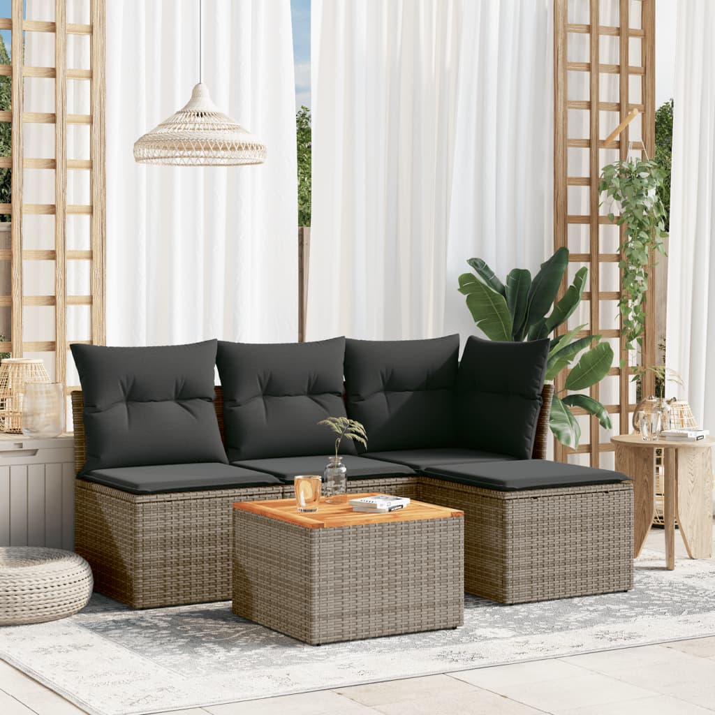 5 Pcs conjunto sofás de jardim c/ almofadões vime PE cinzento