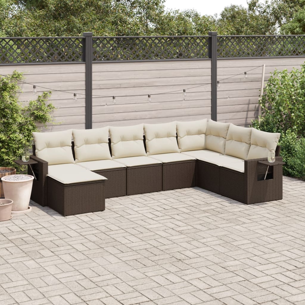 8 Pcs conjunto sofás de jardim c/ almofadões vime PE castanho