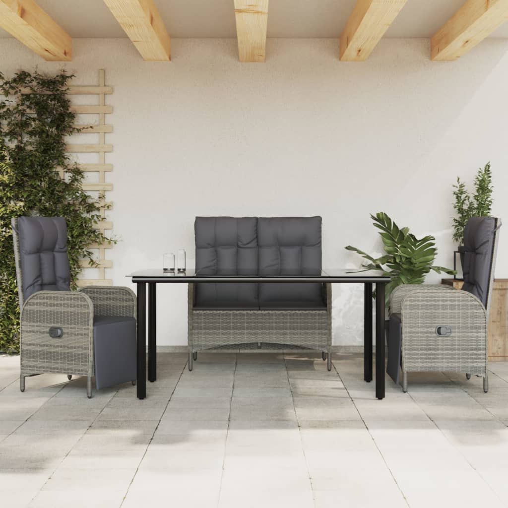 4 Pcs conjunto de jantar p/ jardim c/ almofadões vime PE cinza