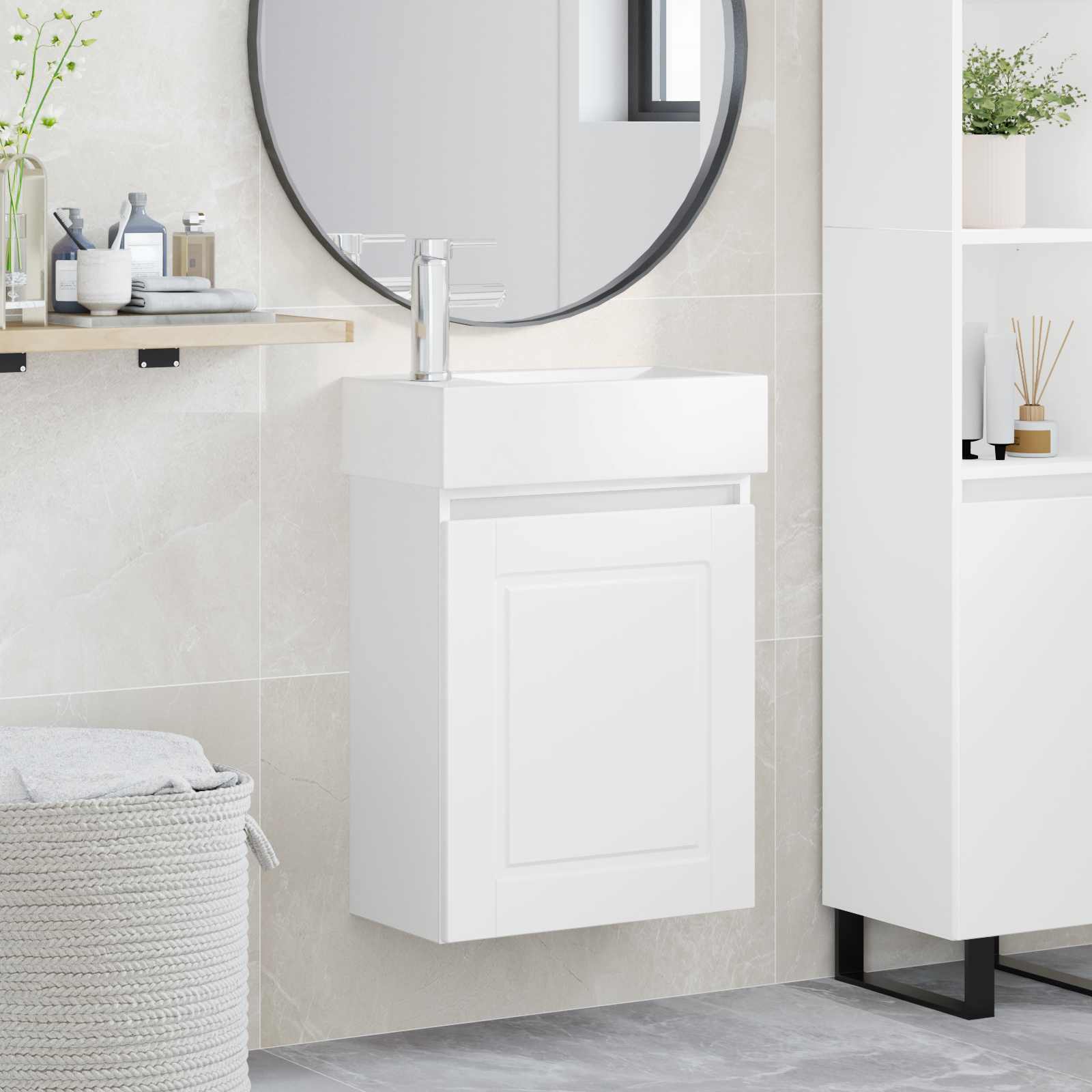 Conjunto de móveis de banheiro com torneira branco