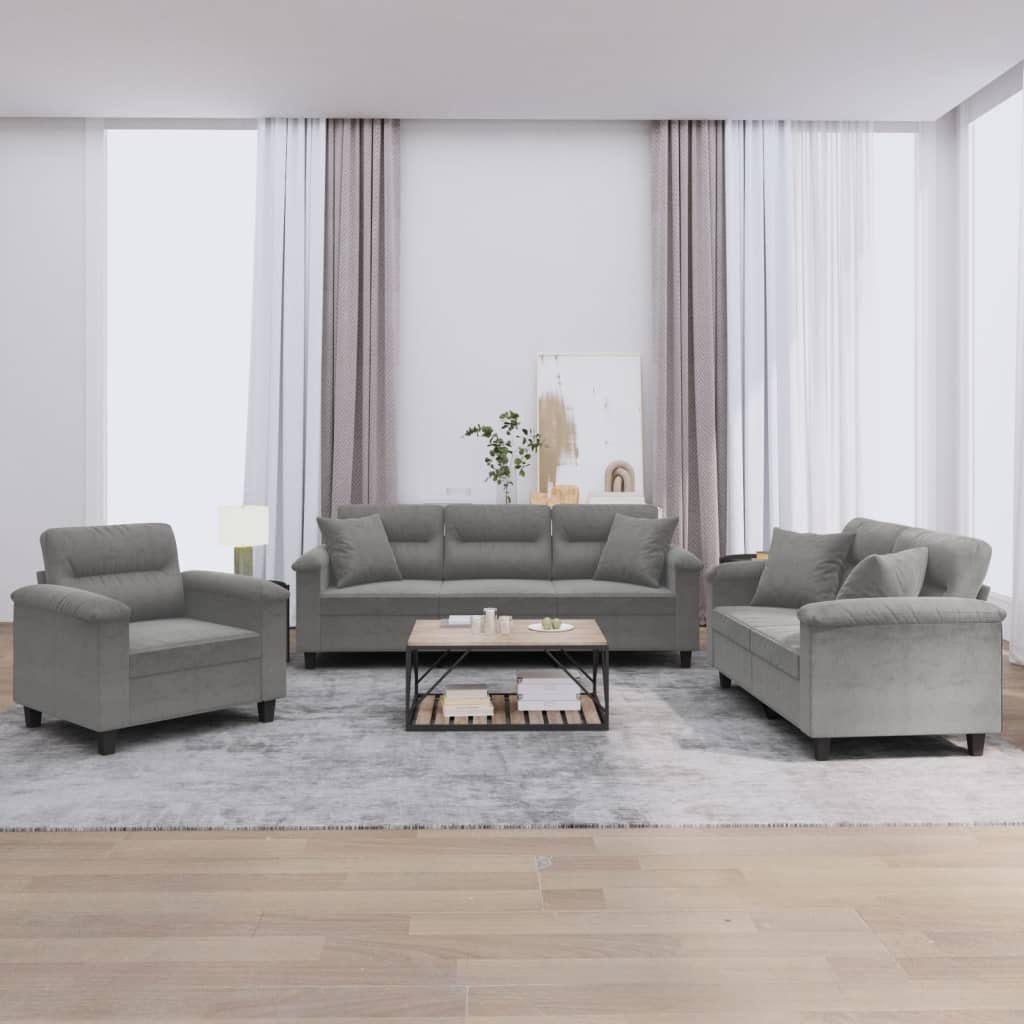 3 Pcs conjunto sofás c/ almofadas microfibra cinza-escuro