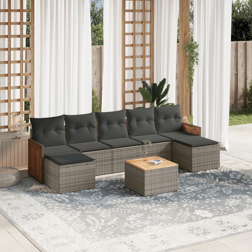 8 Pcs conjunto sofás de jardim c/ almofadões vime PE cinzento