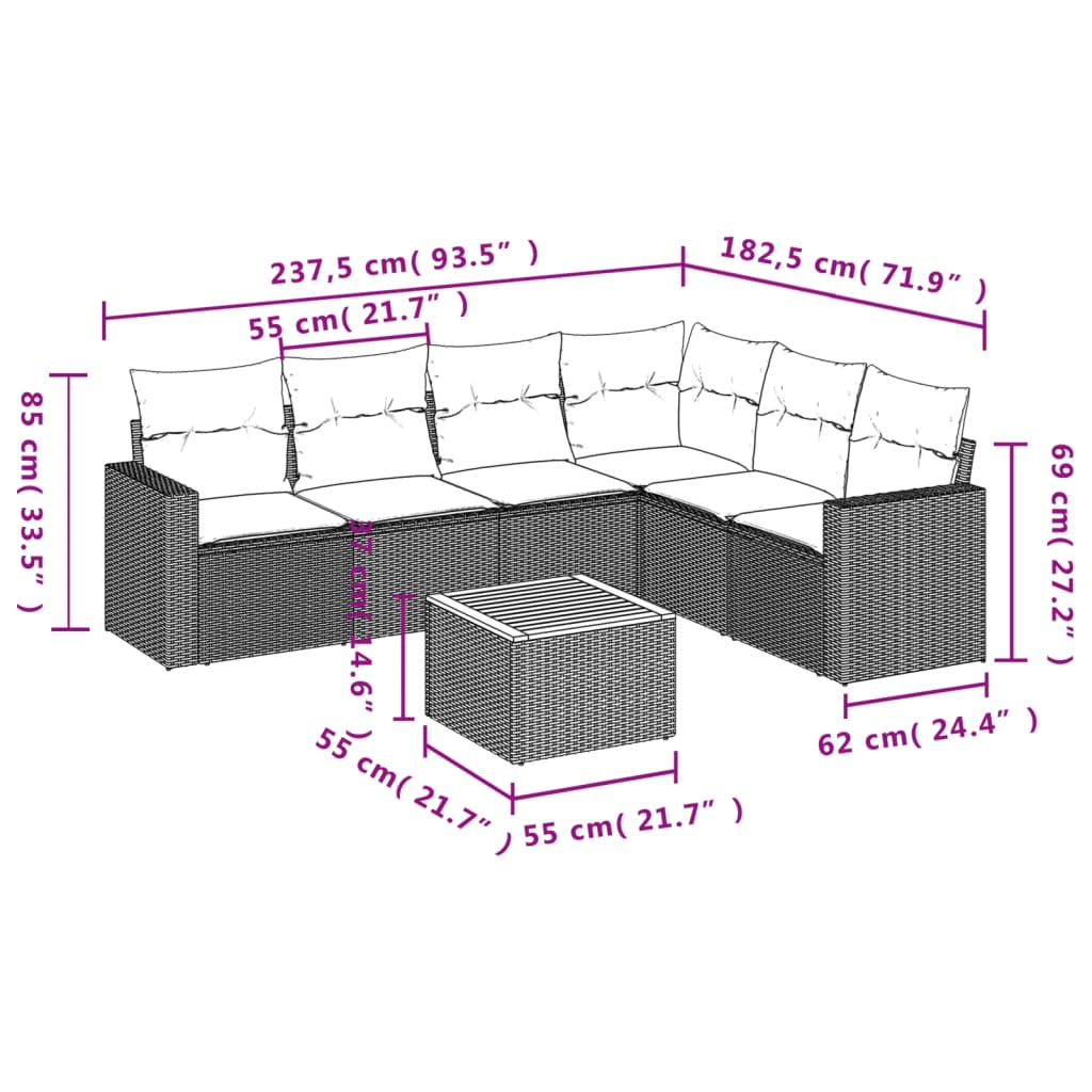 7 Pcs conjunto de sofás p/ jardim c/ almofadões vime PE preto
