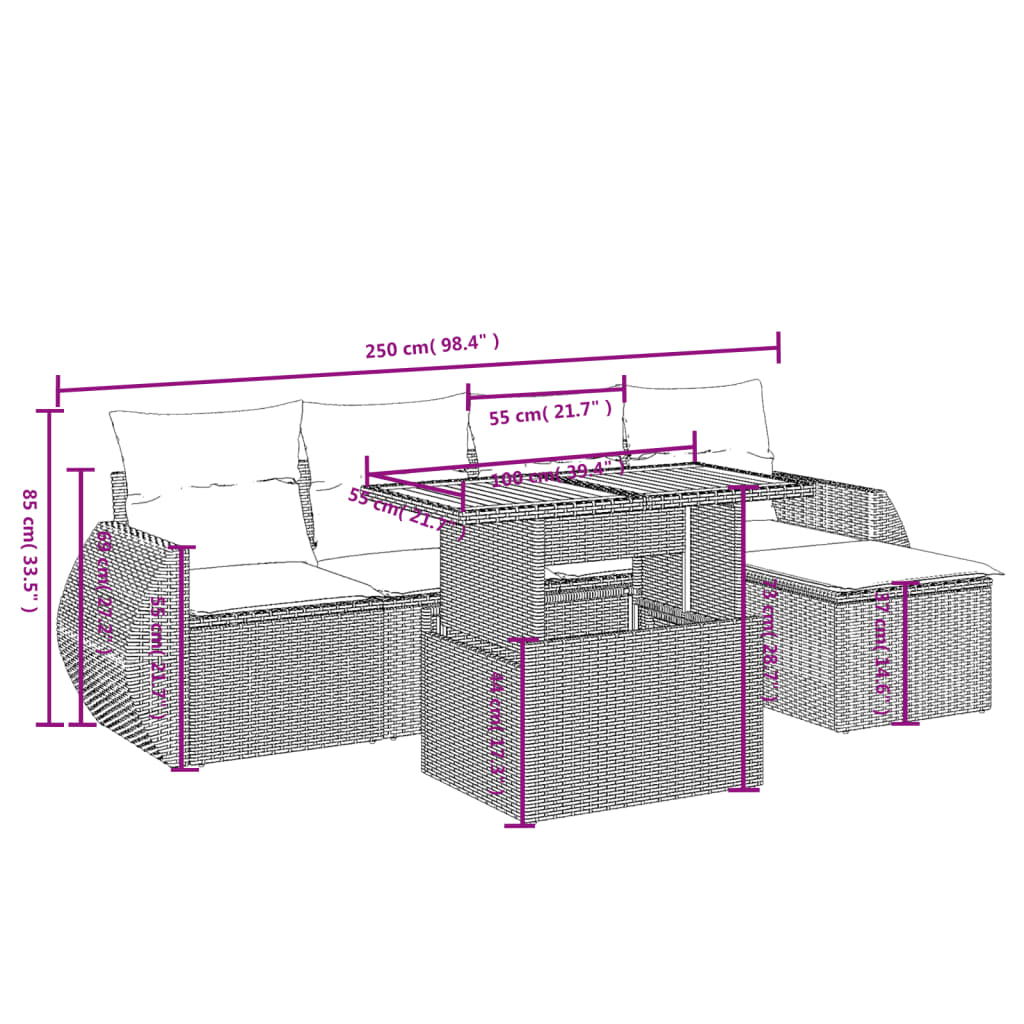 6 Pcs conjunto de sofás p/ jardim com almofadões vime PE bege