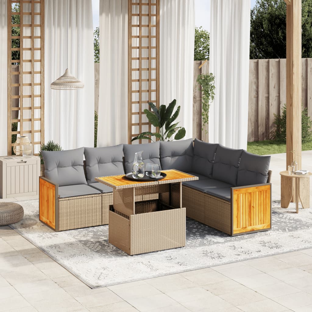 7 Pcs conjunto de sofás p/ jardim com almofadões vime PE bege