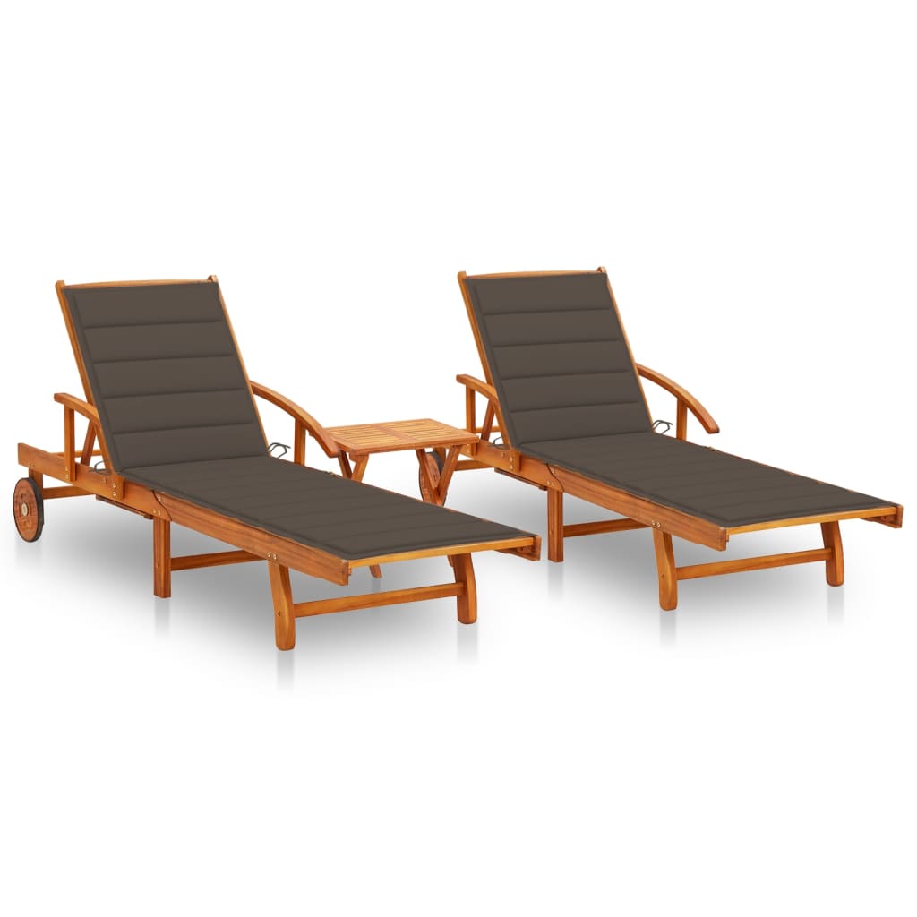 Espreguiçadeiras com mesa e almofadões 2 pcs acácia maciça