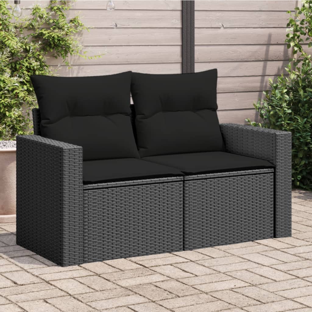 Sofá de jardim com almofadas, 2 lugares, vime sintético preto
