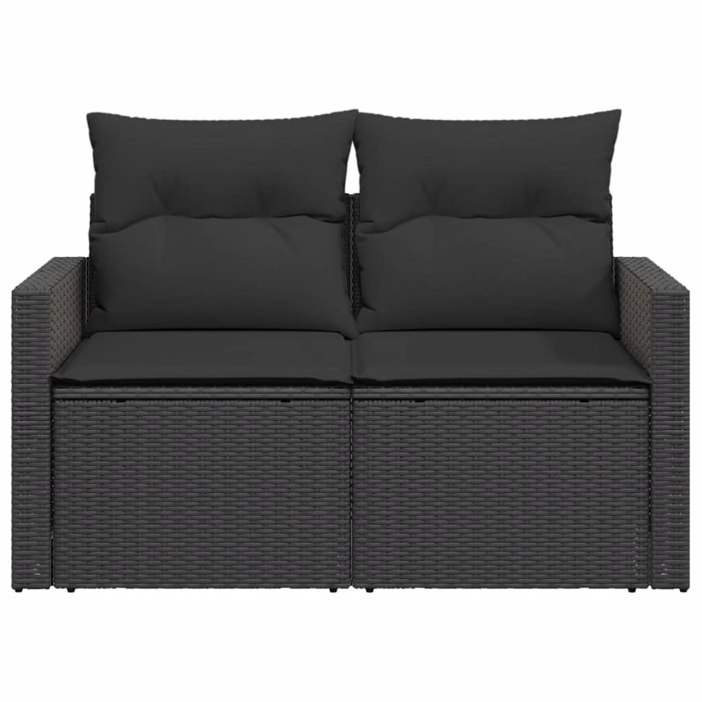 Sofá de jardim com almofadas, 2 lugares, vime sintético preto