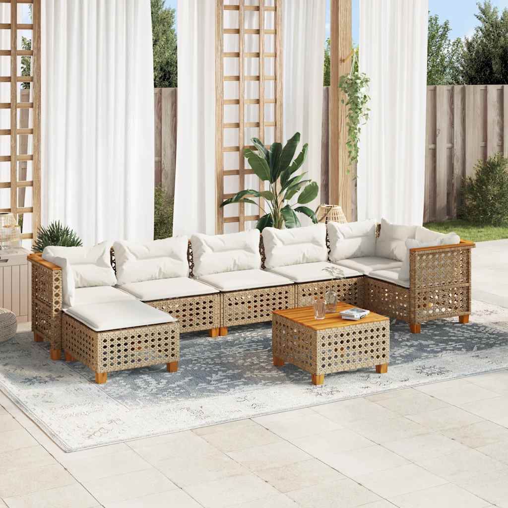 8 Pcs conjunto de sofás p/ jardim com almofadões vime PE bege